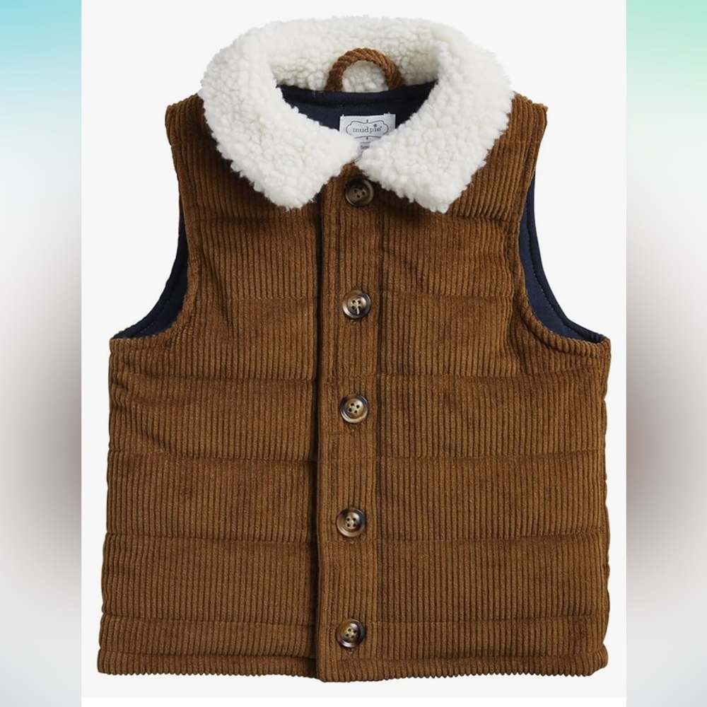Mud Pie Kids Brown Corduroy Puffer Vest Shearling Collar Small 12-18M